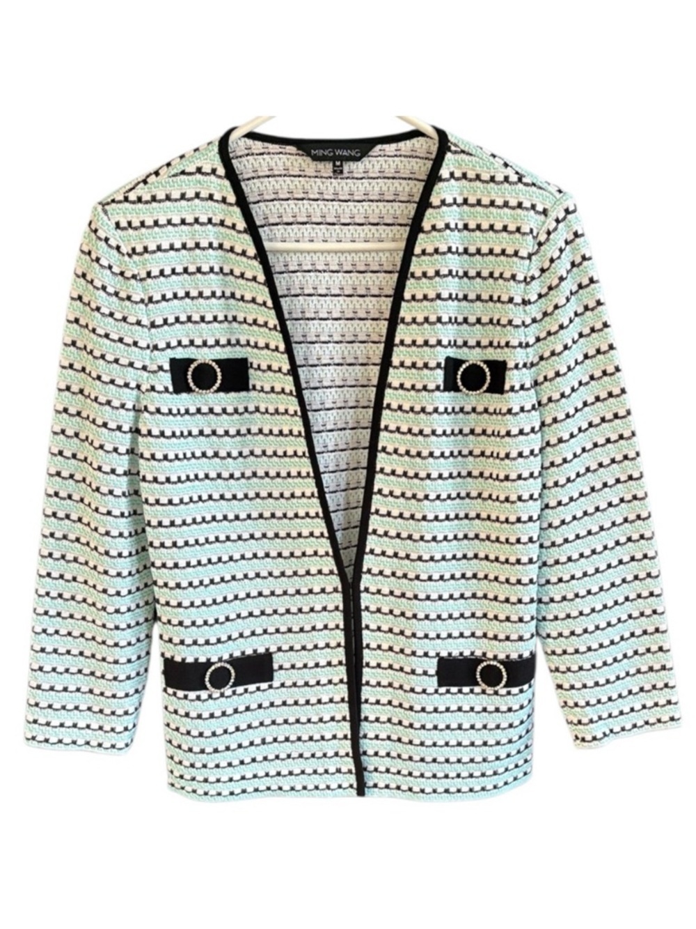 Like New Ming Wang Rhinestone Adorned Sweater Mint Green White Black Size Medium